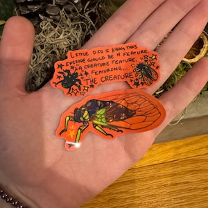 Cicada &quot;creature feature&quot; sticker set, bug sticker, two stickers, cicada sticker, meme, waterproof vinyl sticker, 2.7 in x 1.47 in