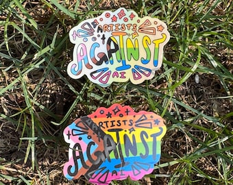 Artists Against AI Vinyl Sticker, Pride Flag, Anti AI, Waterproof, 2 in x 1.6 in