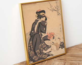 日本の木版画 – 喜多川歌麿 – 花魁松葉屋 – 本物の手作りの浮世絵