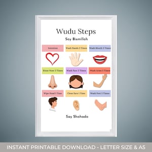 Afdrukbare Wudu, poster Wudu, Wudu-gids voor kinderen, wassingschema, islamitisch leren, stap voor stap Wudu, islamitische Wudu, islamitische kinderen