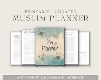 May include: Printable undated Muslim planner with a watercolor background and floral design. The planner includes a weekly planner, daily planner, and monthly planner.