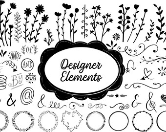 May include: A set of black and white hand-drawn design elements, including floral sprigs, swirls, arrows, ampersands, frames, and the text "Designer Elements".