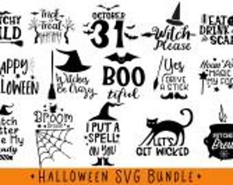 May include: A set of 16 black and white Halloween SVG designs. The designs include text such as "Witchy Wild", "Happy Halloween", "Bootiful", "Witch Better Have My Candy", "I Put A Spell On You", and "Let's Get Wicked".