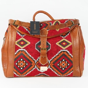Vintage Leder Kelim Tasche, Gewebte marokkanische Reise Schultertasche, Weicher brauner Herren Duffle, Retro Top Henkel Handtasche