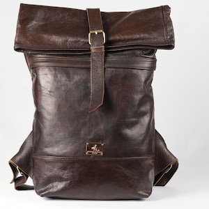 Brown Rolltop Leather Backpack, Genuine Handmade Black Shoulder Bag, Vintage Design, Classy Roll Bag for Women & Men, Travel Rucksack