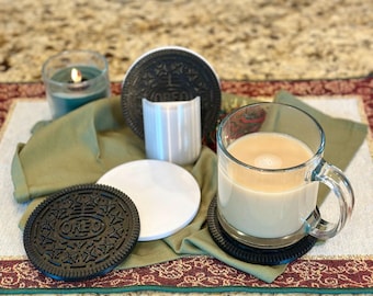 Oreo Pieces Coasters with Milk Glass Holder | Funny Snack-Themed Decor |  Coaster is the outer cookie sandwich or the sweet filling