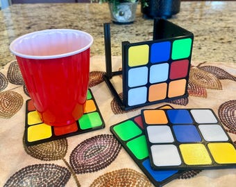 3D Printed Rubik’s Cube Coaster Set (5-Piece) – Colorful Puzzle-Inspired Drink Coasters – Geeky Home Decor & Unique Gift for Gamers