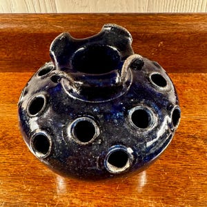 Antique Hilton Pottery NC Flower Frog Vase - Catawba Valley Folk Art Pottery - Cobalt Blue Ruffled Rim Flower Frog - Circa 1930