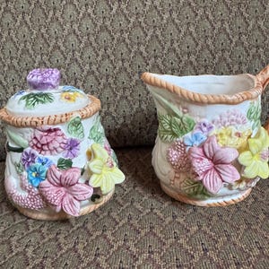 Rare find | 3 piece set | Floral Sculpted Creamer and sugar dish with lid adorned with Pretty Spring Flowers | Decor | Tableware