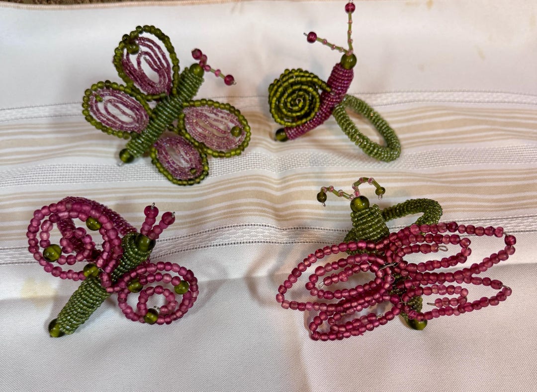 Beaded Bug Napkin Rings - Butterfly, Dragonfly, Snail - Set of 4 ...
