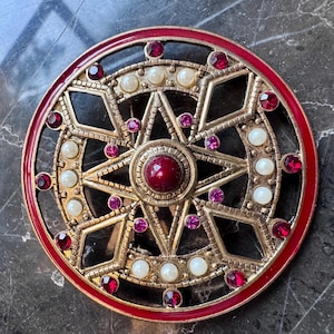Celtic Flower Openwork Enamel Pearls Red Rhinestone and faux pearls Vintage Gold Brooch