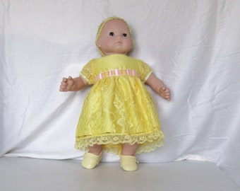 Yellow lacy party dress to fits dolls like Bitty Baby, Bitty Twin, etc.