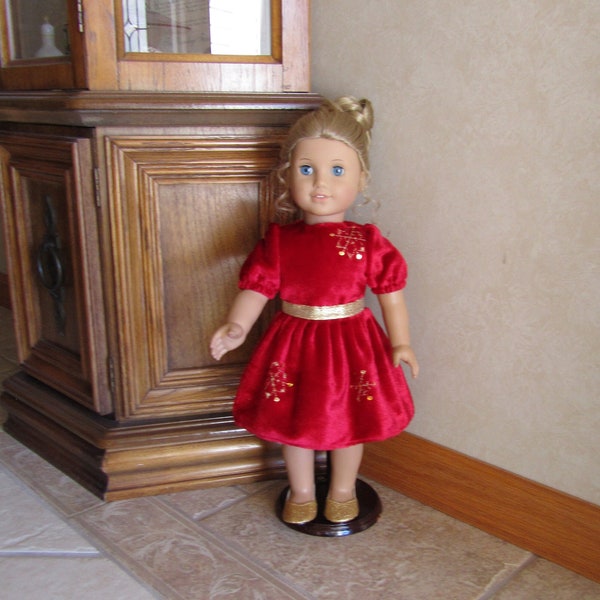 Red velvet dress with puff sleeves made to fit dolls like American Girl, Springfield Doll, Our Generation, etc.