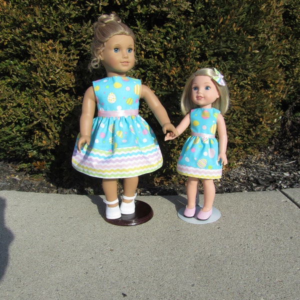 Matching spring dresses from Easter egg print cotton w/ hairbow made to fit dolls like American Girl, Springfield Doll, Our Generation, etc.