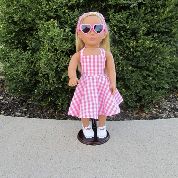 50's style Gingham halter dress with headband made to fit dolls like American Girl, Springfield Doll, Our Generation, etc.