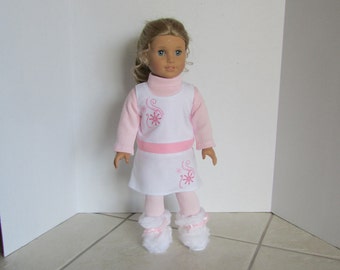 White Snowflake jumper with pink thermal turtleneck shirt and tights to fit dolls like American Girl, Springfield Doll, Our Generation
