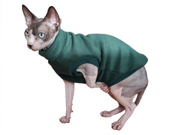 May include: A hairless cat wearing a green fleece sweater. The cat is standing on a white background.