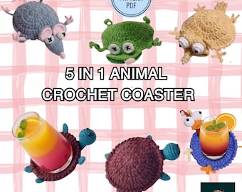 Animal Cup Holder Crochet Pattern Bundle, Turtle Coaster Mouse, Rooster, Squirrel Coasters, (PDF pattern)