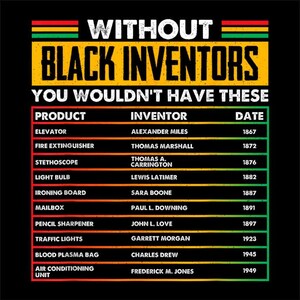 May include: Black graphic with text: "WITHOUT BLACK INVENTORS YOU WOULDN'T HAVE THESE." Includes a list of inventions like the elevator, fire extinguisher, and light bulb, along with the inventors' names and dates.