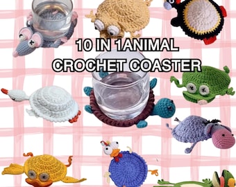 Animal Coaster Crochet Pattern Bundle, 10-in-1 Amigurumi, Animals Cup Holder,Squirrel Frog (PDF Pattern)