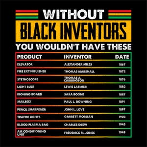 May include: Black graphic with text: "WITHOUT BLACK INVENTORS YOU WOULDN'T HAVE THESE." Includes a list of inventions like the elevator, fire extinguisher, and light bulb, with the inventor's name and date.