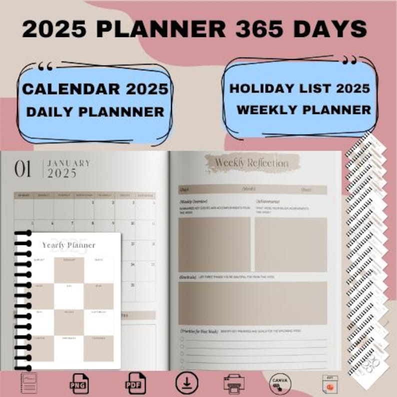 2025 Planner Printable Monthly Planner PDF Journal Daily Planner