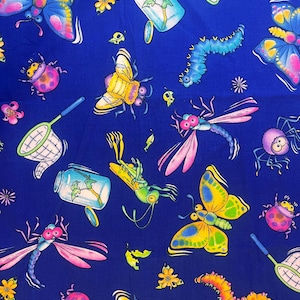 May include: A bright blue fabric with a repeating pattern of cartoon insects and garden tools. The design includes butterflies, ladybirds, dragonflies, and caterpillars, alongside jars, nets, and flowers. The overall effect is cheerful and colourful.