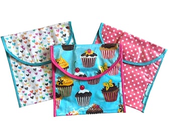 Bolsas reutilizables para refrigerios hechas a mano: Bolsas de almuerzo de algodón laminado - Juego de 3