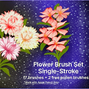 LiKat Design Flowers Brush Set (7 brushes + 2 free pollen brushes), Procreate Flower Brush, Single Stroke Brush