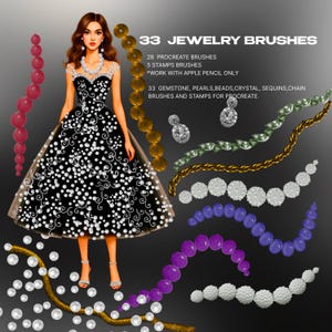 May include: Digital art illustration of a woman in a black dress with white polka dots and jewelry brushes. The image includes text that reads "33 JEWELRY BRUSHES" and details about the brushes for Procreate.