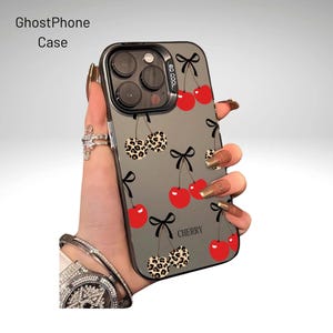 Coque de protection noire dégradée avec imprimé léopard et cerise rouge IMD, Compatible avec iPhone 11, 12, 13 Pro Max, 14/15 Plus, 16 Pro