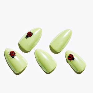 May include: Five almond-shaped press-on nails with a glossy light green finish. Three of the nails feature a small, detailed red and black ladybug decal positioned near the cuticle area, while two nails remain plain light green.