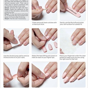 May include: A nine-step instructional guide for applying press-on nails. The graphic features text titled HOW TO APPLY and illustrates the process using a manicure stick, a pink GLAMERMAID nail file, alcohol prep pads, adhesive sheets, and light pink coffin-shaped artificial nails.