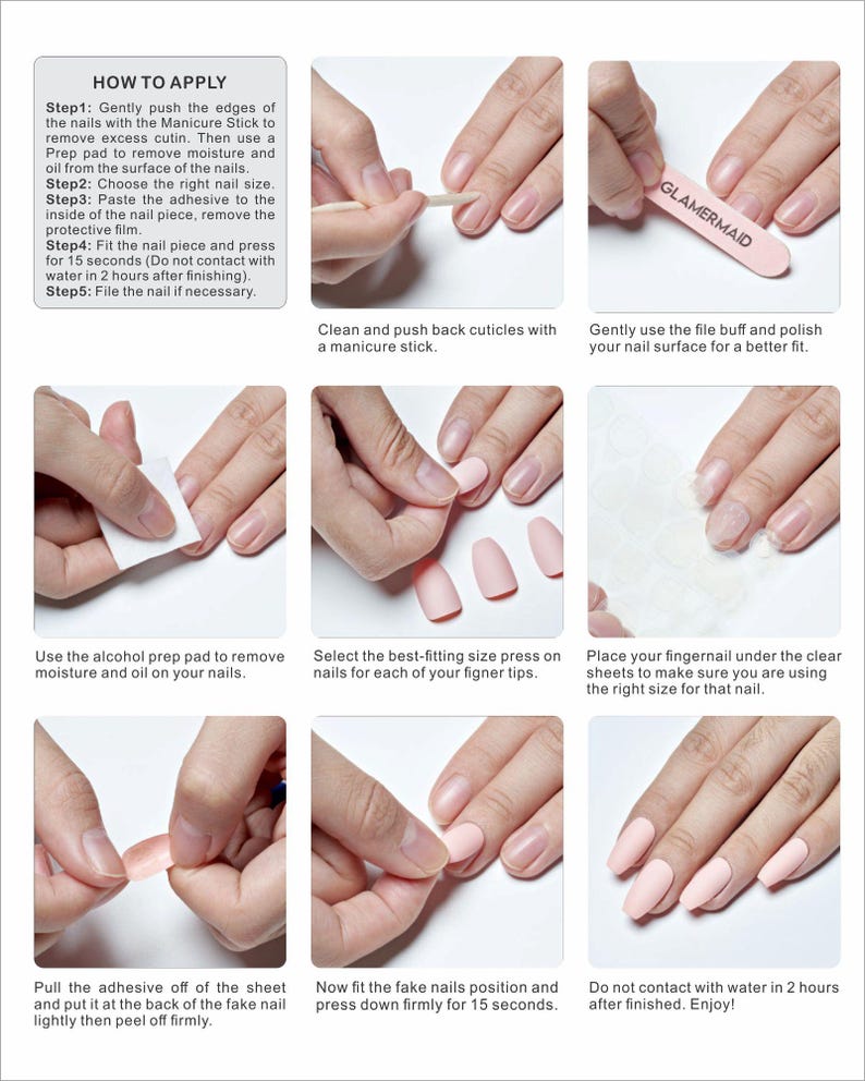 May include: A nine-step instructional guide for applying press-on nails. The graphic features text titled HOW TO APPLY and illustrates the process using a manicure stick, a pink GLAMERMAID nail file, alcohol prep pads, adhesive sheets, and light pink coffin-shaped artificial nails.