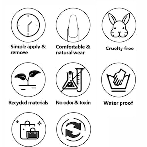 May include: A graphic chart titled KEY FEATURE displaying eight circular icons with black line art. The icons represent: simple apply and remove, comfortable and natural wear, cruelty free, recycled materials, no odor and toxin, water proof, easy to carry, and reusable.