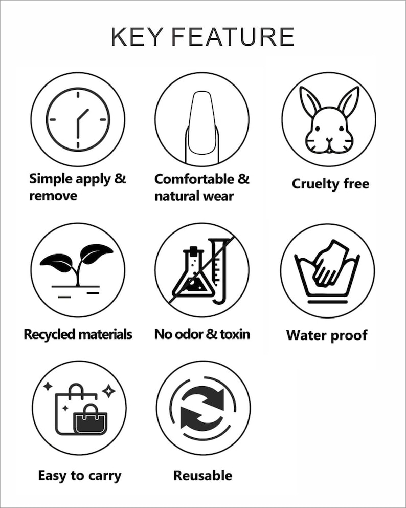 May include: A graphic chart titled KEY FEATURE displaying eight circular icons with black line art. The icons represent: simple apply and remove, comfortable and natural wear, cruelty free, recycled materials, no odor and toxin, water proof, easy to carry, and reusable.