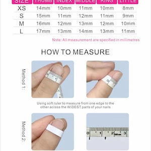 May include: A nail size chart with a table listing XS, S, M, and L sizes in millimeters for thumb, index, middle, ring, and little fingers. Includes instructions for measuring nail width using a soft ruler or paper and a pen against a ruler.