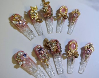 Pink Gold Ombre Press On Nails,Royal Luxury Coffin Fake Nails with 3D Rhinestones,Crystal & Handmade Crackle Glitter,Reusable Nail