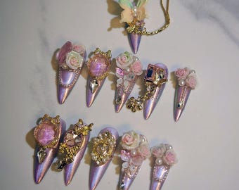 Luxury Purple Holographic Press On Nails,3D Pink Rose & Butterfly Gem Nail Art,Gold Pearl Accent Long Stiletto False Nails,Bridal Nail
