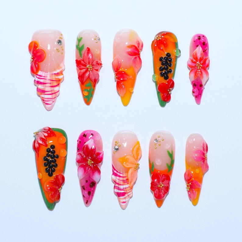 Tropical Bloom & Fruit Stiletto Press On Nails | 3D Floral, Juicy Fruit/Gold Beads, Sun-Kissed Summer Fake Nails image 1