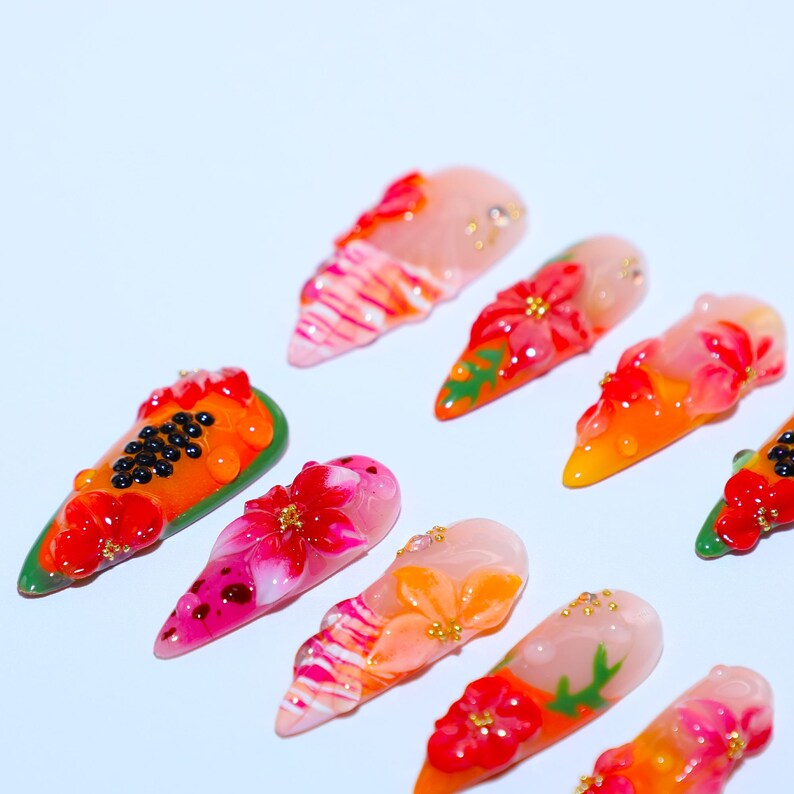 Tropical Bloom & Fruit Stiletto Press On Nails | 3D Floral, Juicy Fruit/Gold Beads, Sun-Kissed Summer Fake Nails image 3