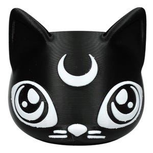 Könnte beinhalten: Schwarzer Katzen-Pflanztopf mit weißem Halbmond und Augen. Der Topf ist aus Kunststoff und hat eine matte Oberfläche.