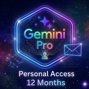 May include: A digital graphic with the words "Gemini Pro" in a neon-style font, set within a hexagonal frame. The image includes the text "Personal Access 12 Months" and a constellation design, all against a starry background.