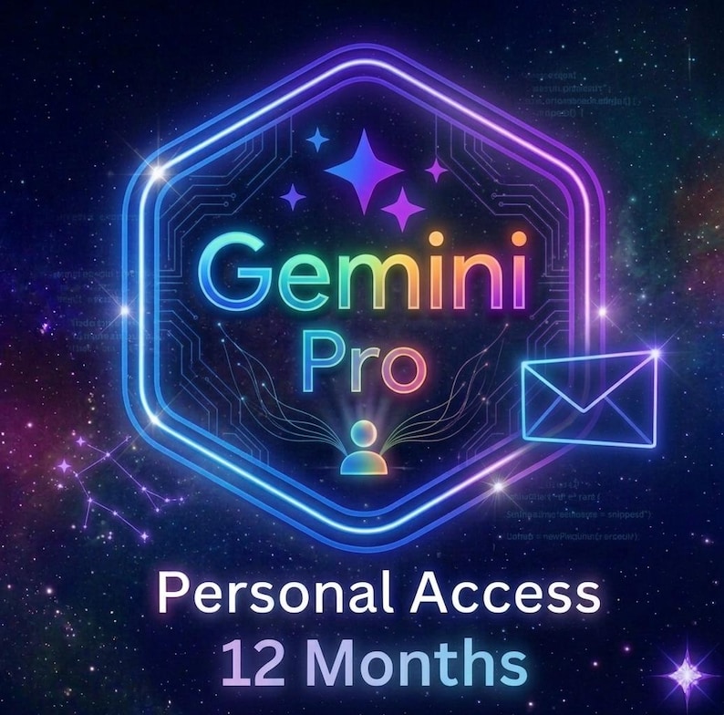 May include: A digital graphic with the words "Gemini Pro" in a neon-style font, set within a hexagonal frame. The image includes the text "Personal Access 12 Months" and a constellation design, all against a starry background.