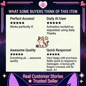 May include: A graphic featuring customer reviews with star ratings and text. The image includes the phrases "Perfect Access!", "Daily AI User", "Awesome Quality", and "Quick Response!". A cartoon cat illustration is also present.