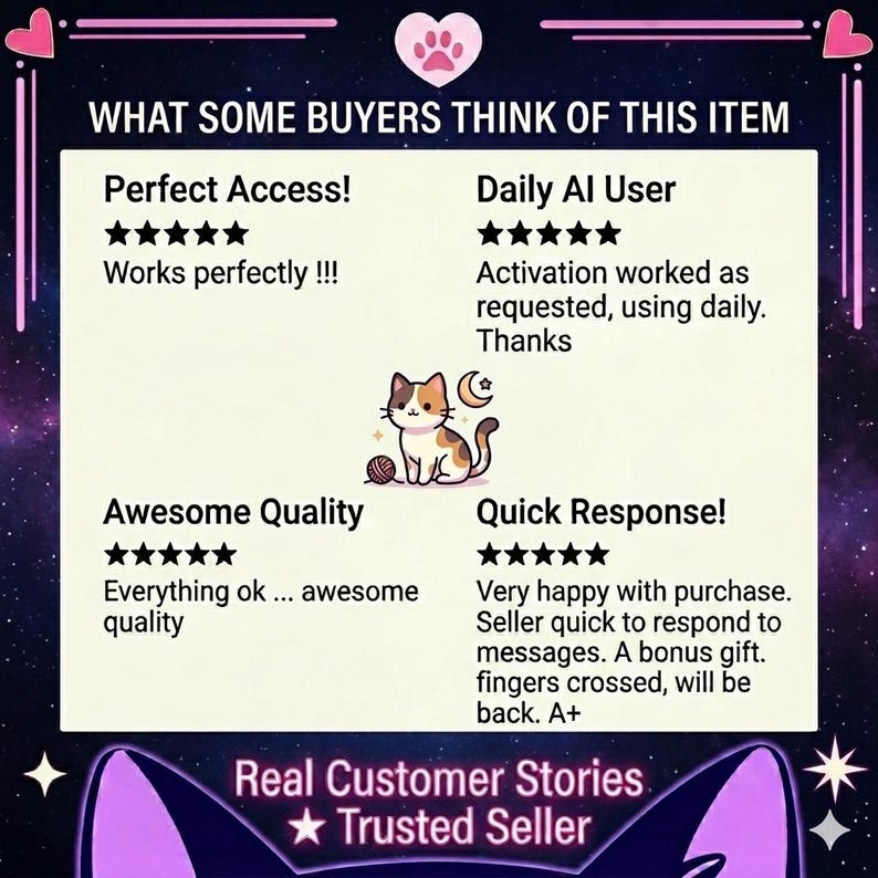 May include: A graphic featuring customer reviews with star ratings and text. The image includes the phrases "Perfect Access!", "Daily AI User", "Awesome Quality", and "Quick Response!". A cartoon cat illustration is also present.