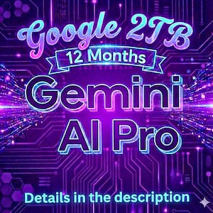 May include: A digital graphic with a purple and blue color scheme. The text includes "Google 2TB", "12 Months", "Gemini AI Pro", and "Details in the description". The background features a circuit board design.