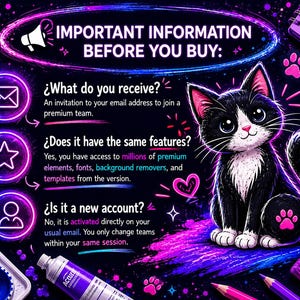 May include: A digital art graphic with a black and white cat illustration, paw prints, and text. The text reads "IMPORTANT INFORMATION BEFORE YOU BUY" and answers questions about a premium team, features, and account activation.