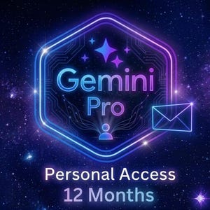 May include: A digital graphic with the words "Gemini Pro" in a glowing blue font, set within a hexagonal frame with a circuit board design. The image includes the text "Personal Access 12 Months" against a starry background.