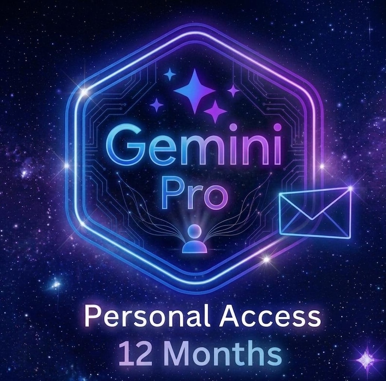 May include: A digital graphic with the words "Gemini Pro" in a glowing blue font, set within a hexagonal frame with a circuit board design. The image includes the text "Personal Access 12 Months" against a starry background.
